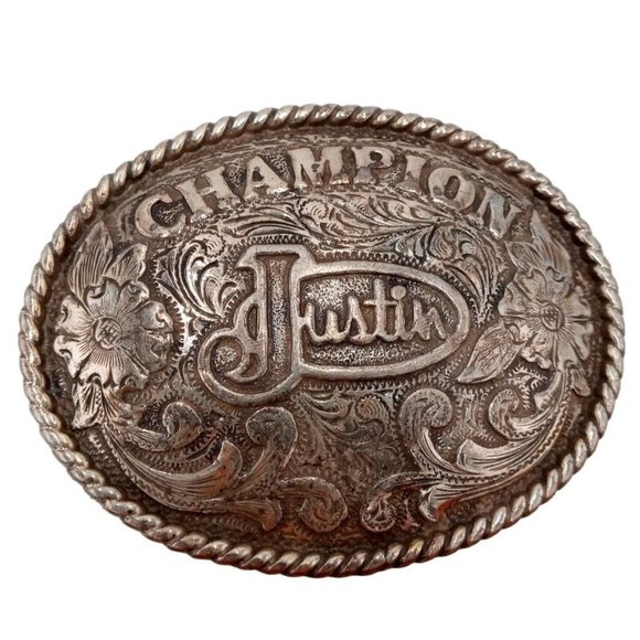 Justin Champion Belt Buckle Vintage Rodeo Cowboy Small Western Wear - Picture 1 of 7